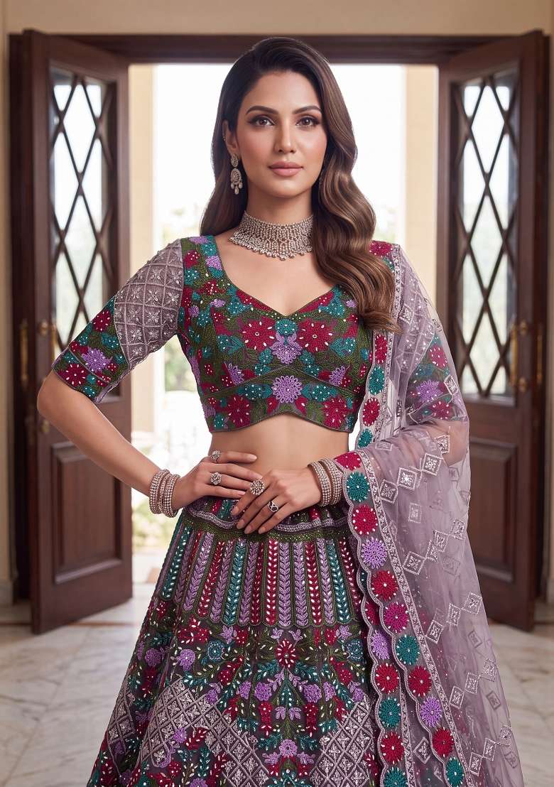 Purple Embroidery Net Lehenga Set - Indya