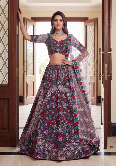 Purple Embroidery Net Lehenga Set