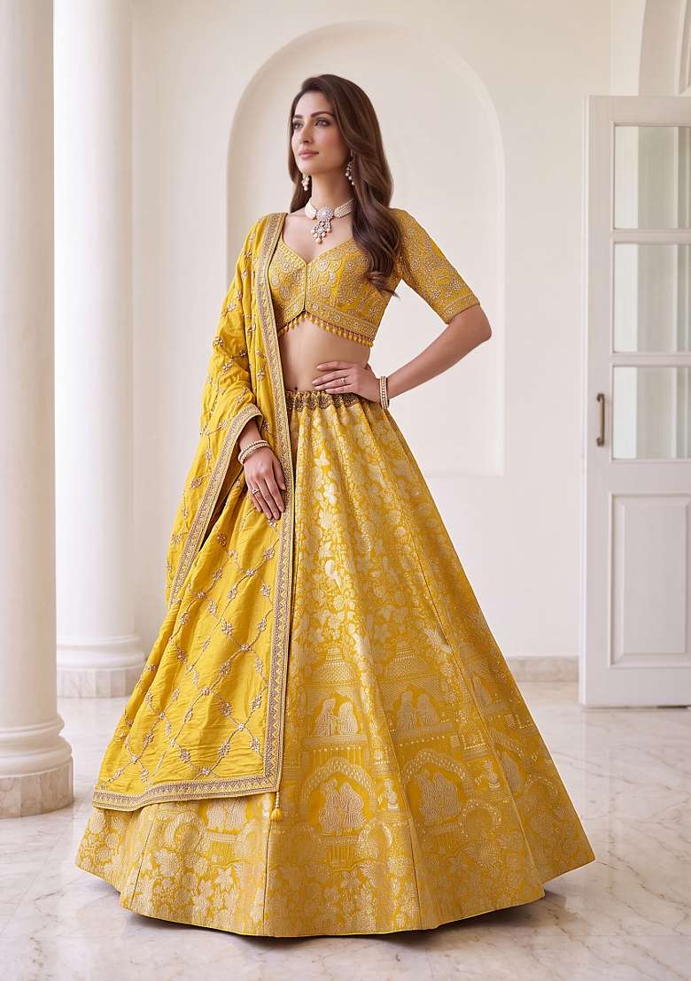 Yellow Zari Work Silk Lehenga Set - Indya