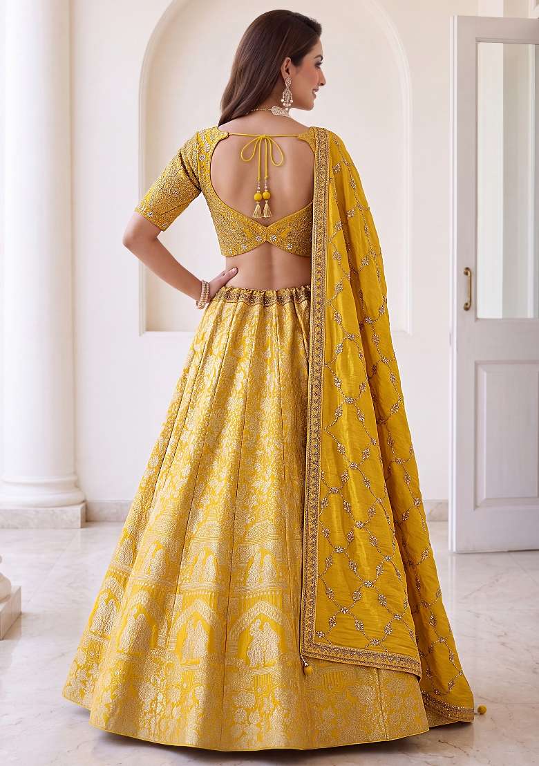 Yellow Zari Work Silk Lehenga Set - Indya