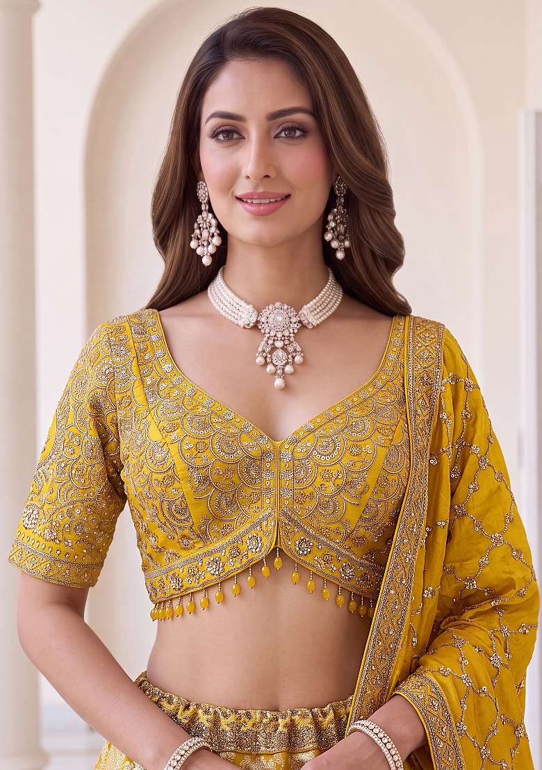 Yellow Zari Work Silk Lehenga Set - Indya