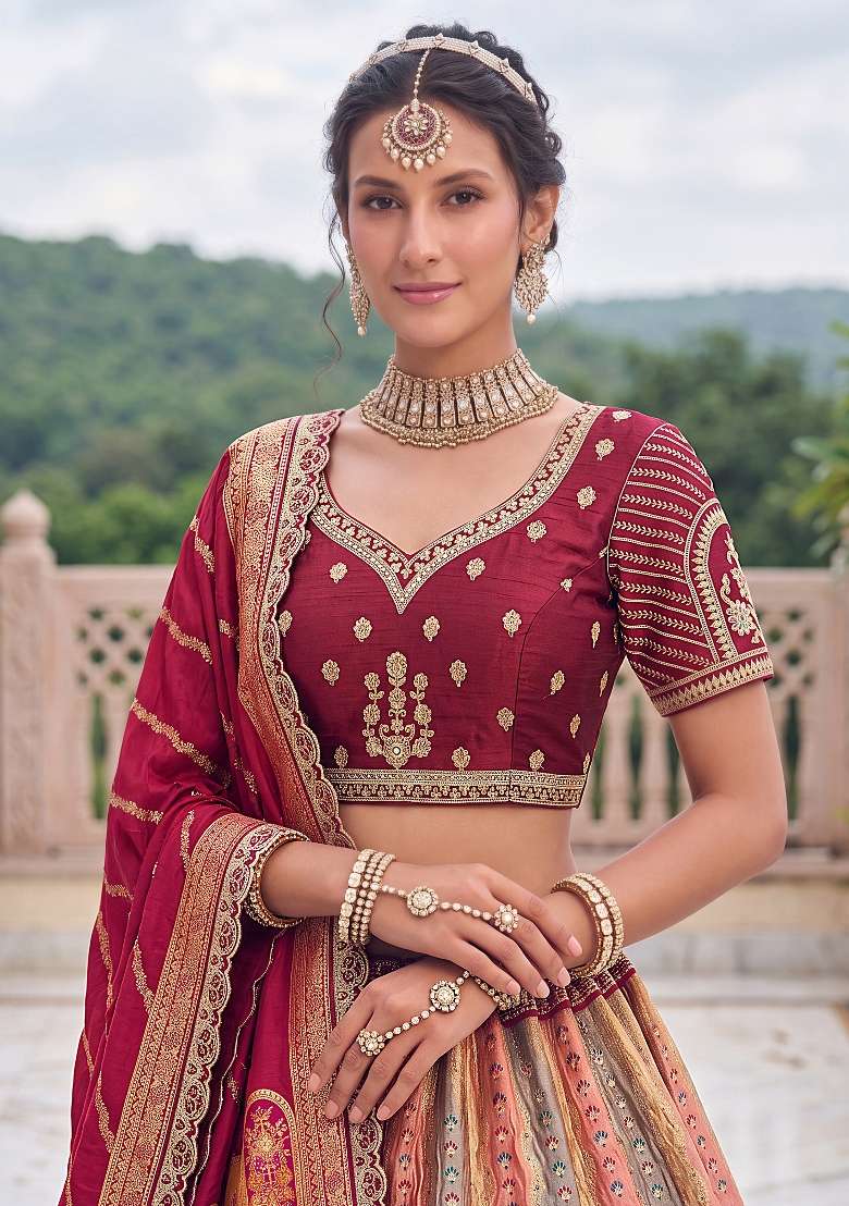 Maroon Embroidery Silk Lehenga Set - Indya