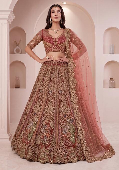 Peach Embroidery Net Lehenga Set