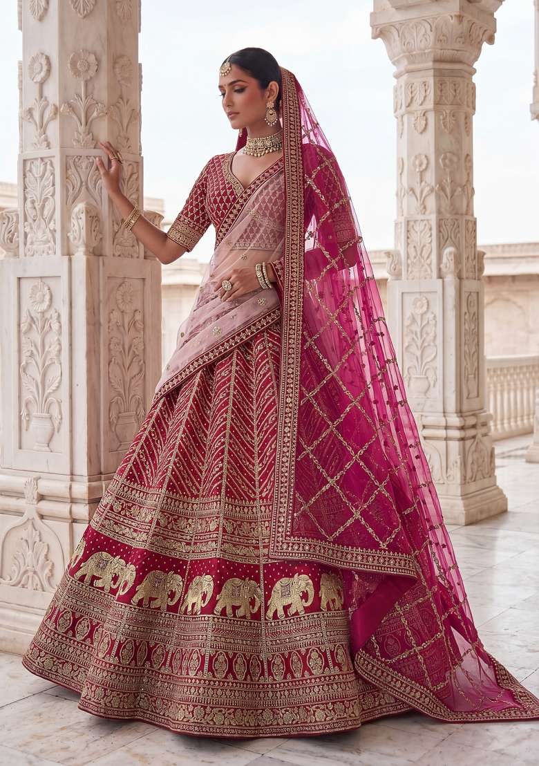 Pink Embroidery Silk Lehenga Set - Indya