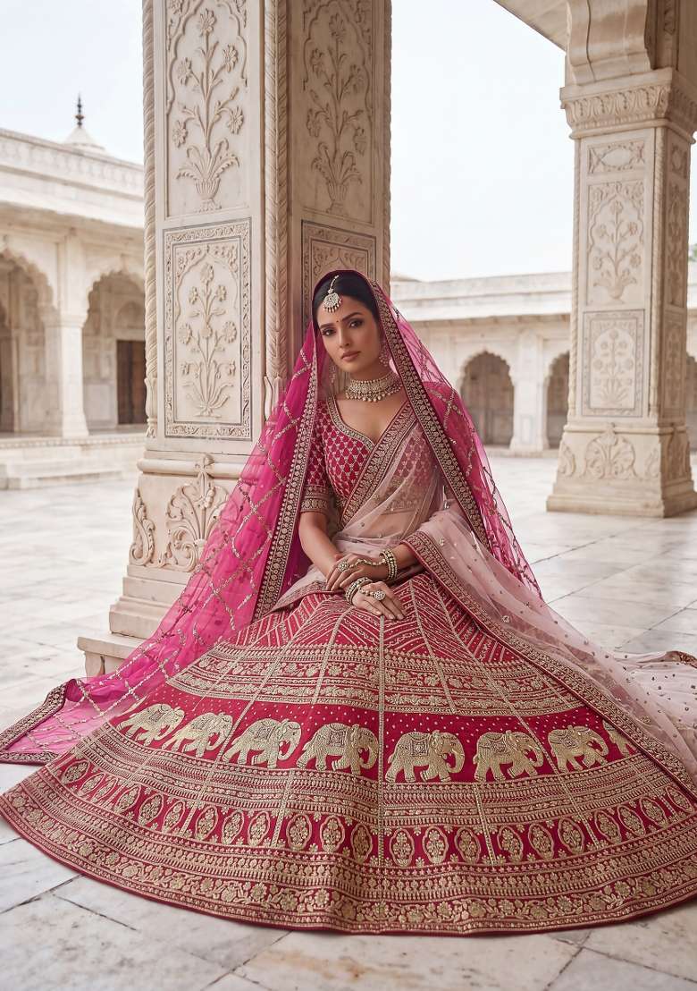 Pink Embroidery Silk Lehenga Set - Indya