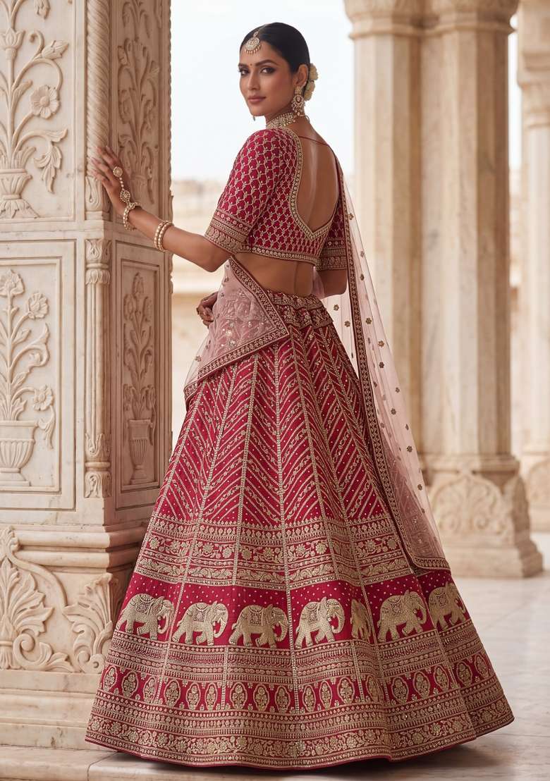 Pink Embroidery Silk Lehenga Set - Indya