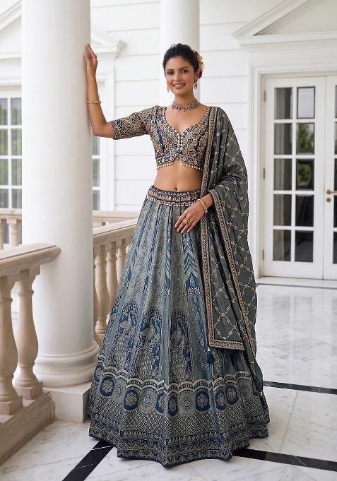 Blue Embroidery Silk Lehenga Set