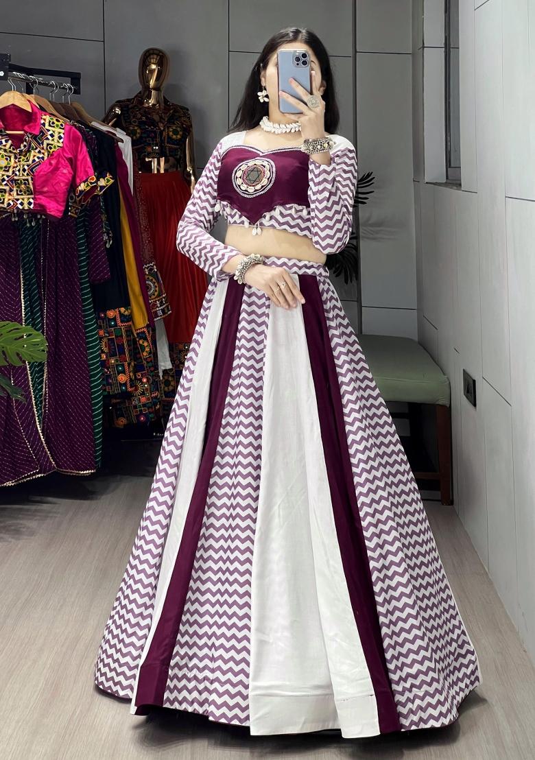 Wine Mirror Work Cotton Lehenga Set - Indya