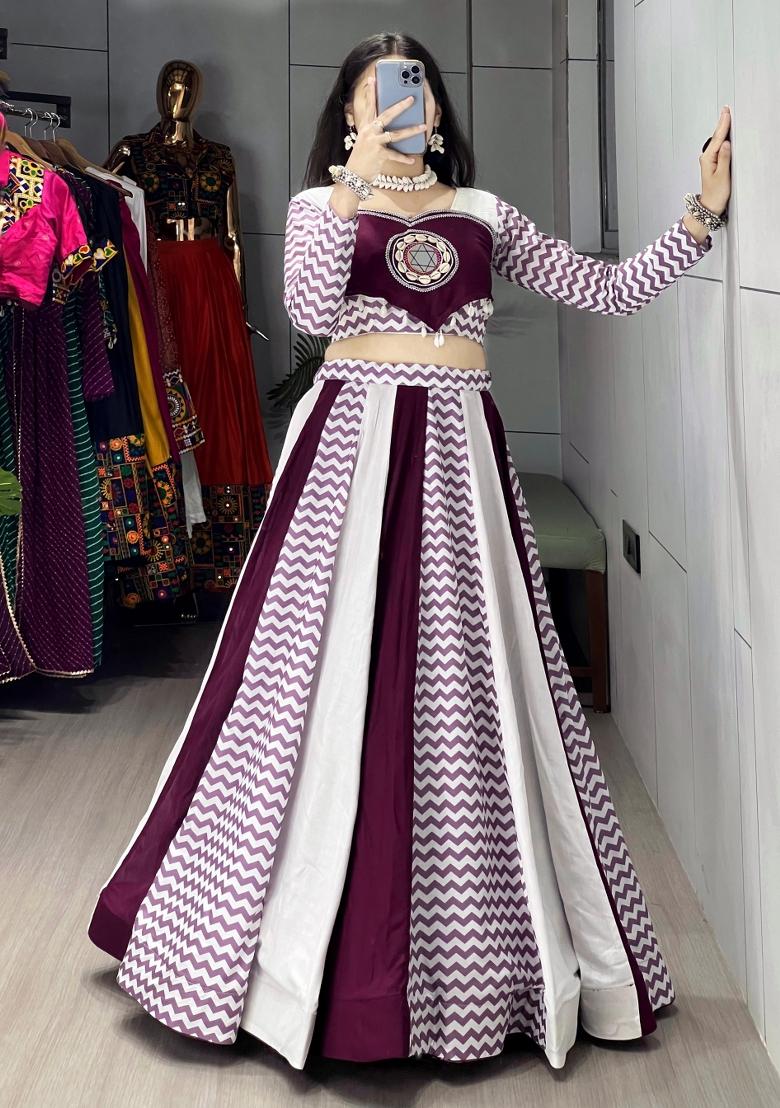 Wine Mirror Work Cotton Lehenga Set - Indya