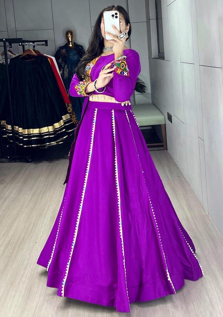 Purple Mirror Work Cotton Lehenga Set - Indya