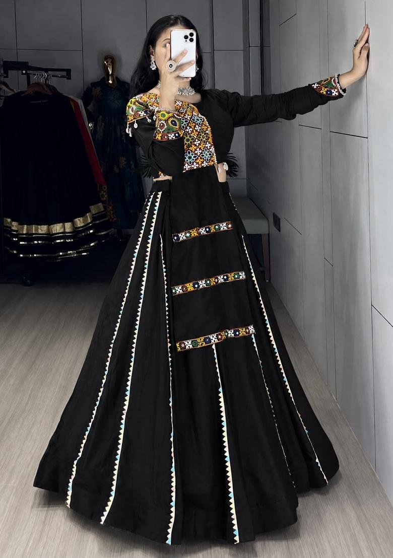 Black Mirror Work Cotton Lehenga Set - Indya