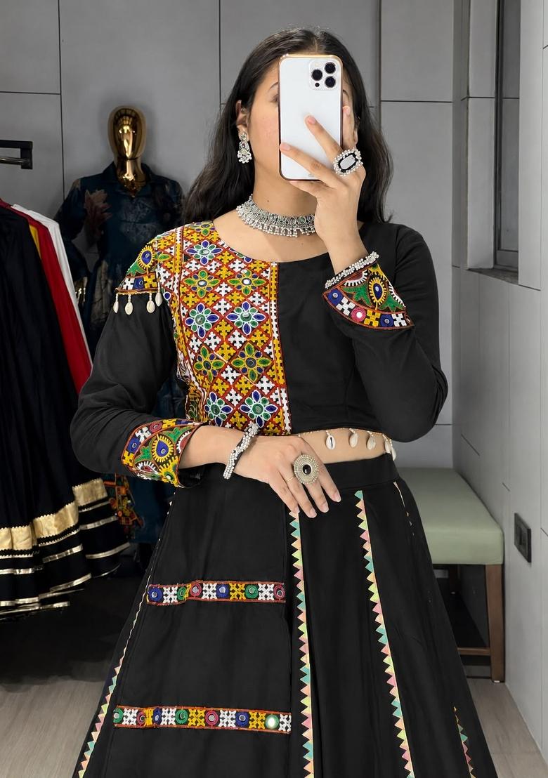 Black Mirror Work Cotton Lehenga Set - Indya