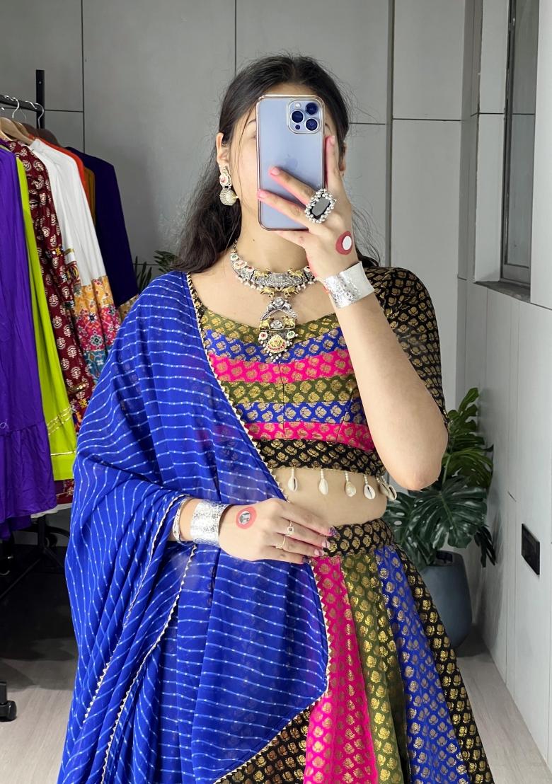 Blue Kaudi Work Silk Lehenga Set - Indya
