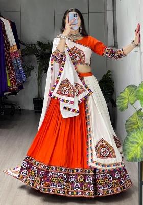 Orange Mirror Work Cotton Lehenga Set
