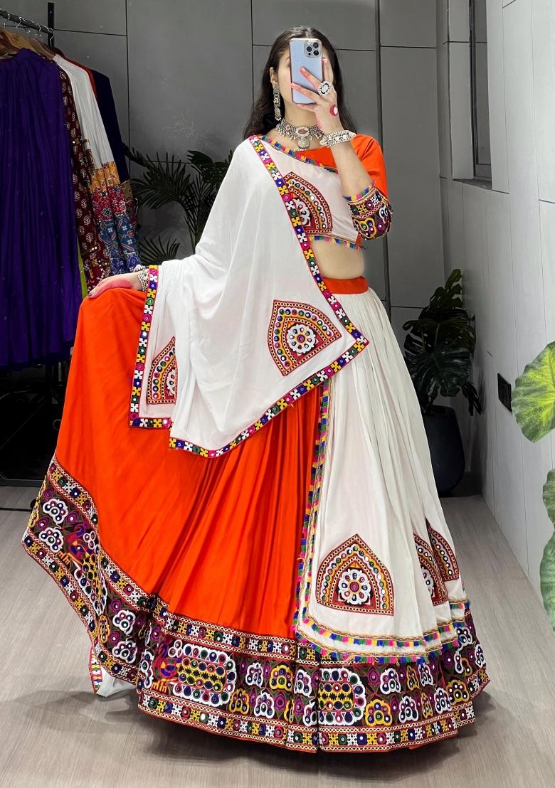 Orange Mirror Work Cotton Lehenga Set - Indya