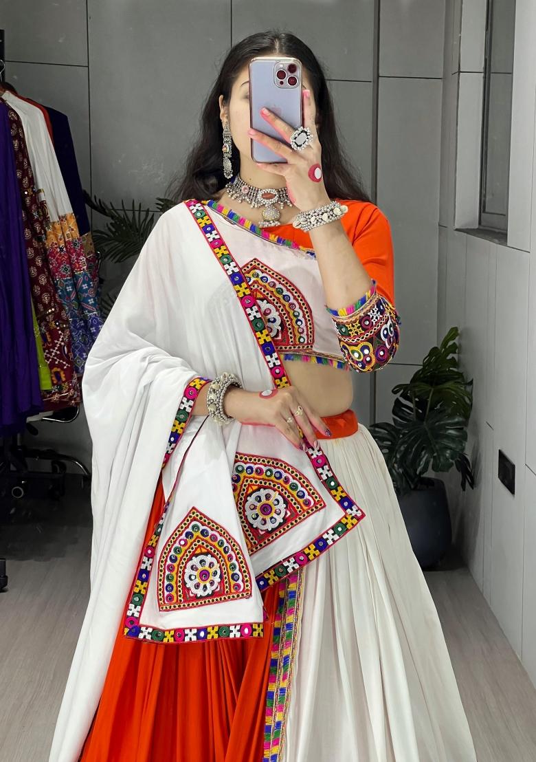 Orange Mirror Work Cotton Lehenga Set - Indya
