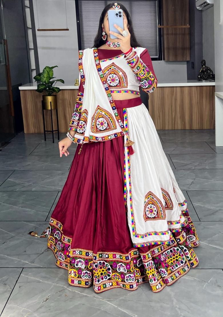 Maroon Mirror Work Cotton Lehenga Set - Indya