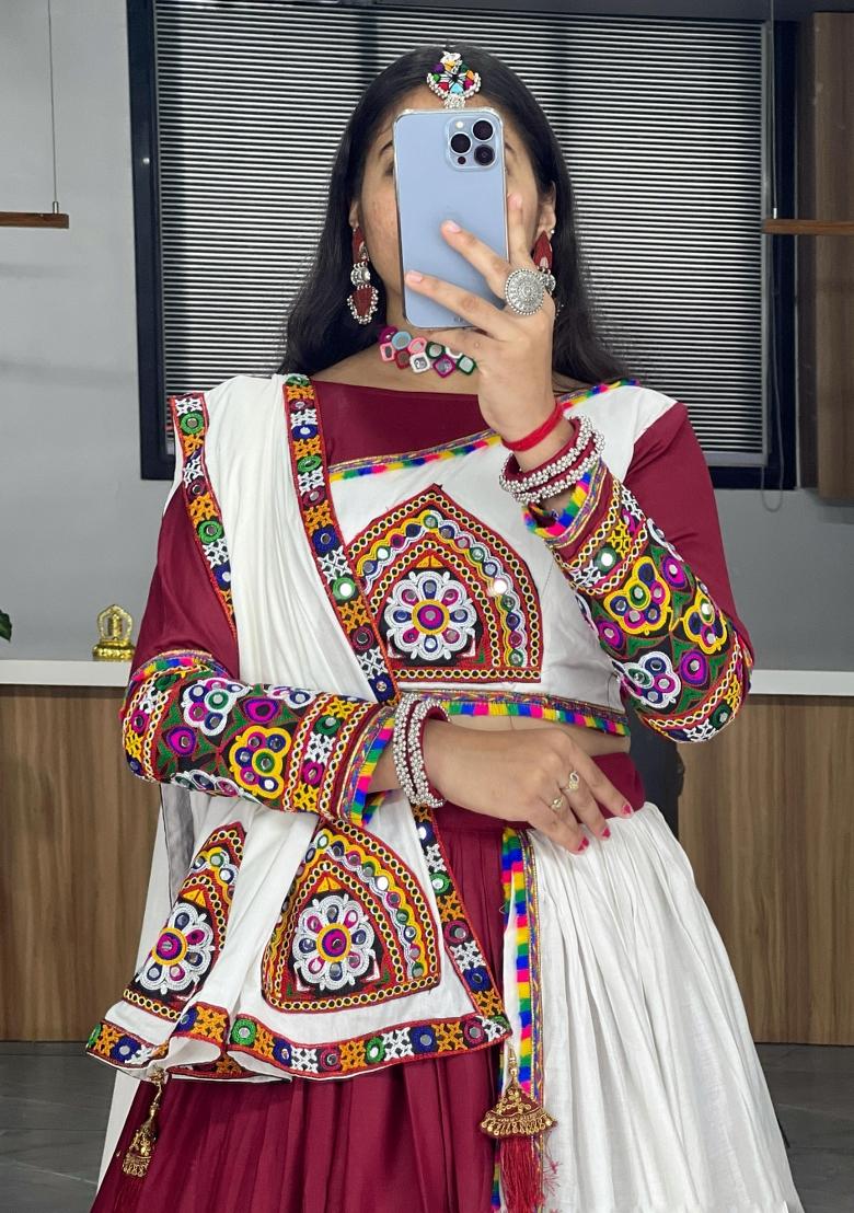 Maroon Mirror Work Cotton Lehenga Set - Indya