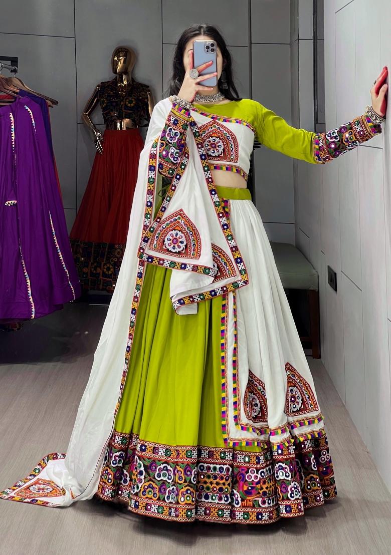 Parrot Mirror Work Cotton Lehenga Set - Indya
