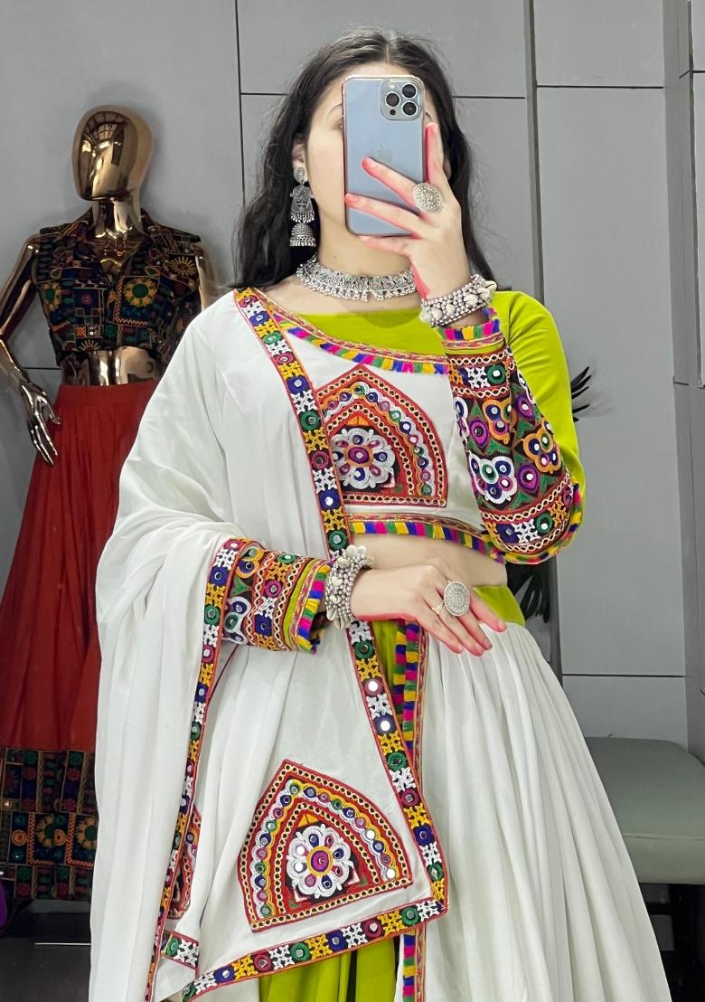 Parrot Mirror Work Cotton Lehenga Set - Indya