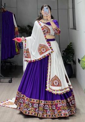 Purple Mirror Work Cotton Lehenga Set