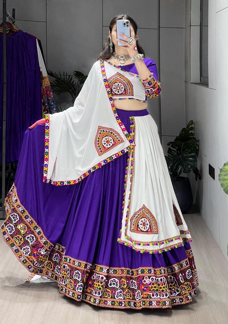 Purple Mirror Work Cotton Lehenga Set - Indya