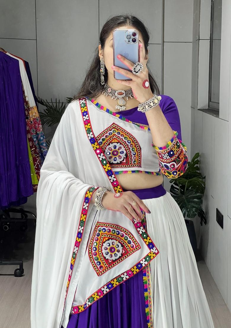 Purple Mirror Work Cotton Lehenga Set - Indya