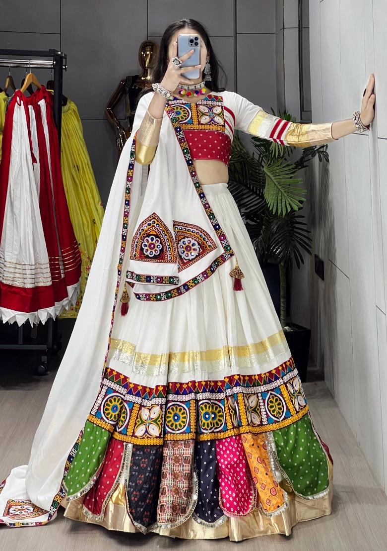 White Printed Cotton Lehenga Set - Indya