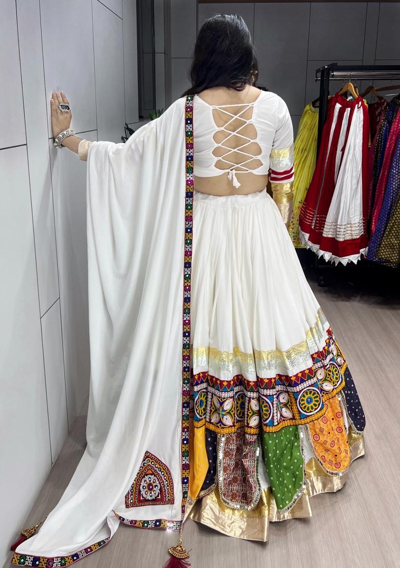 White Printed Cotton Lehenga Set - Indya