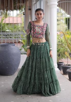 Green Printed Georgette Lehenga Set