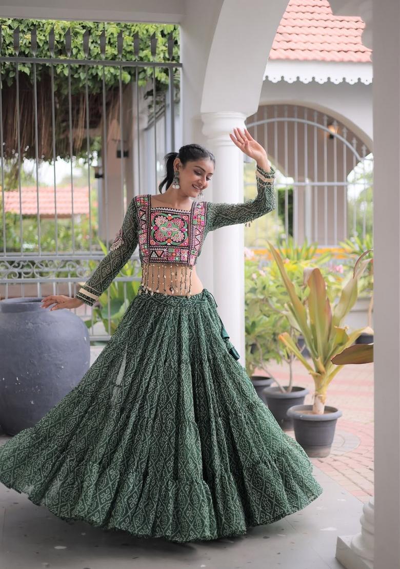 Green Printed Georgette Lehenga Set - Indya