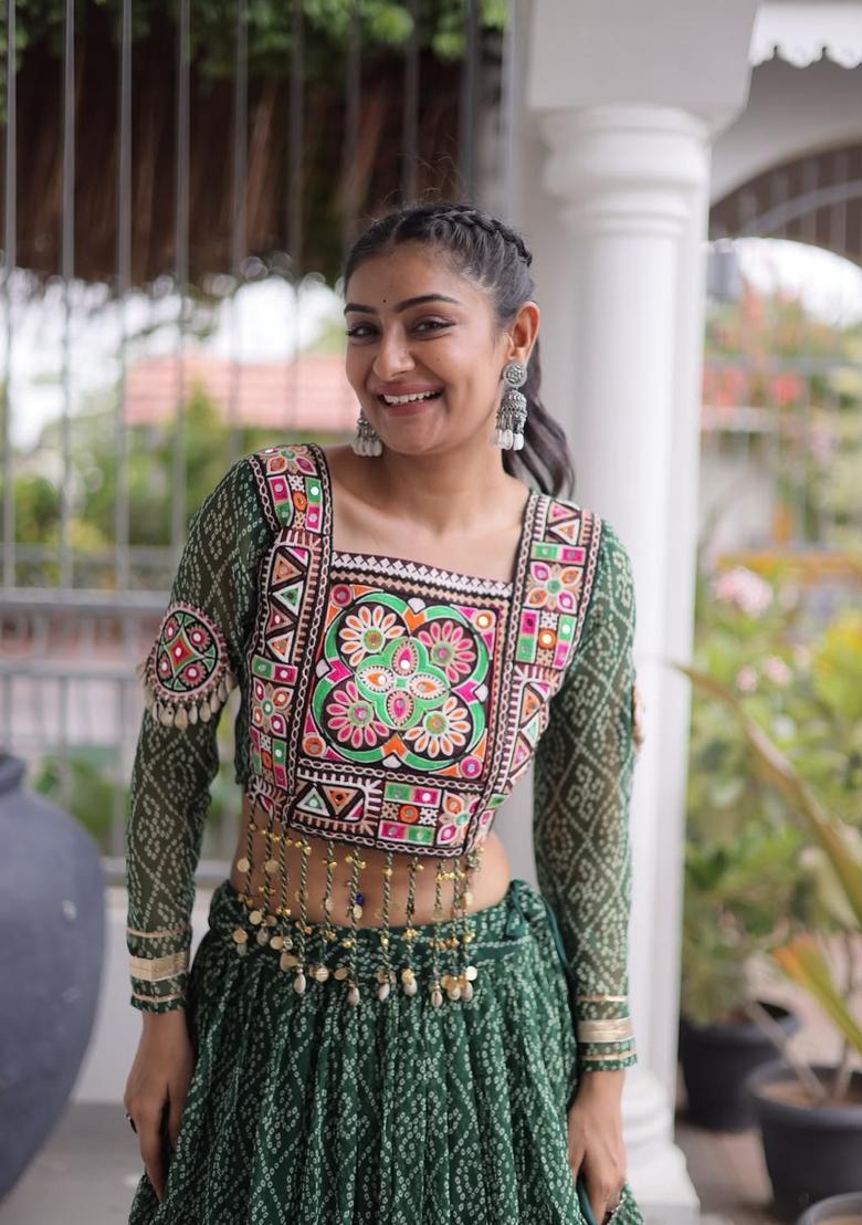 Green Printed Georgette Lehenga Set - Indya