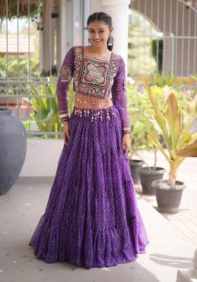 Purple Printed Georgette Lehenga Set