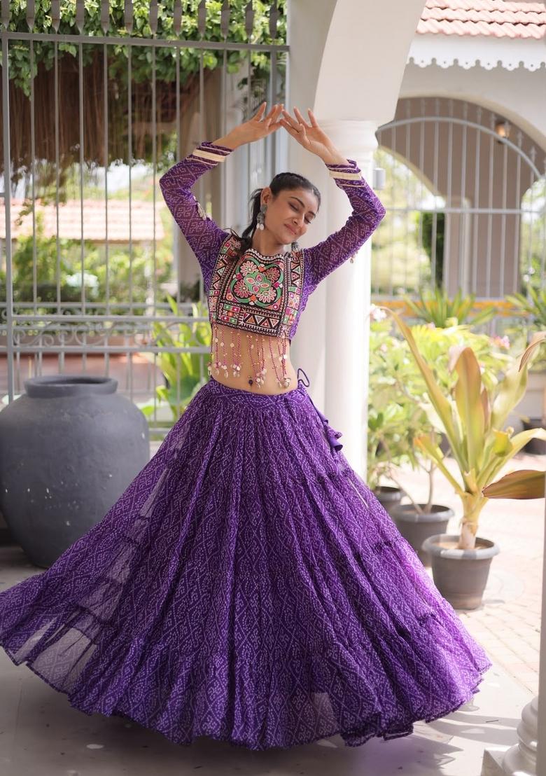 Purple Printed Georgette Lehenga Set - Indya