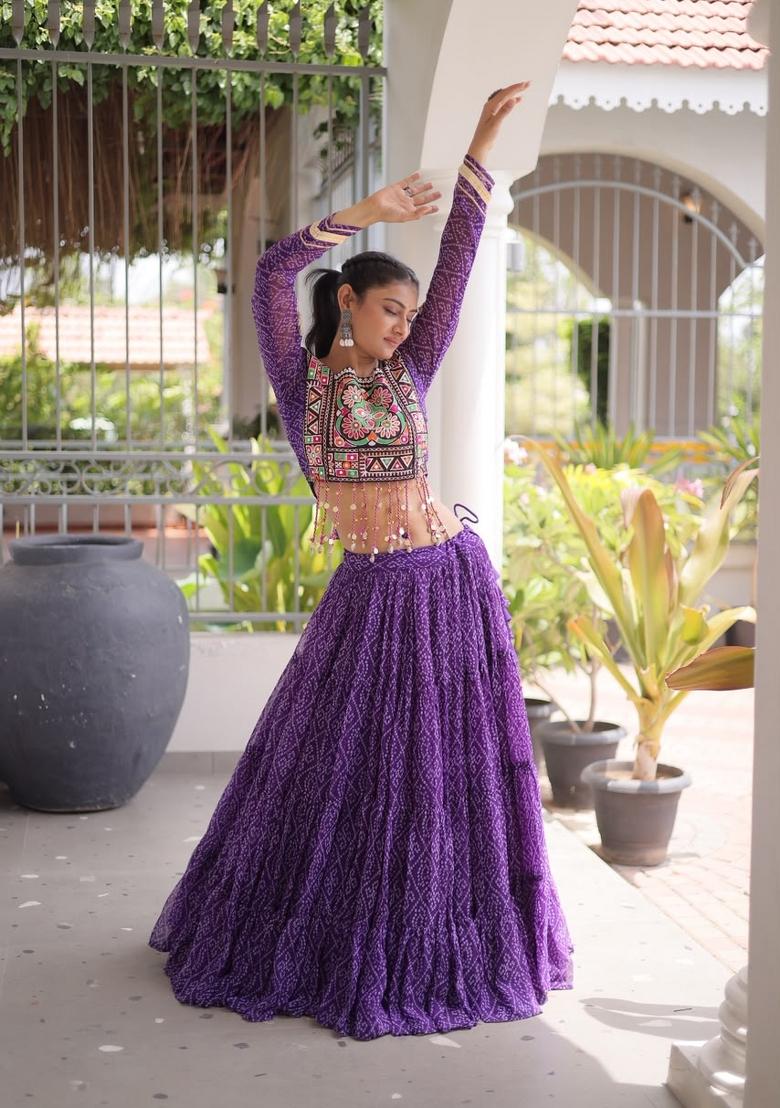 Purple Printed Georgette Lehenga Set - Indya