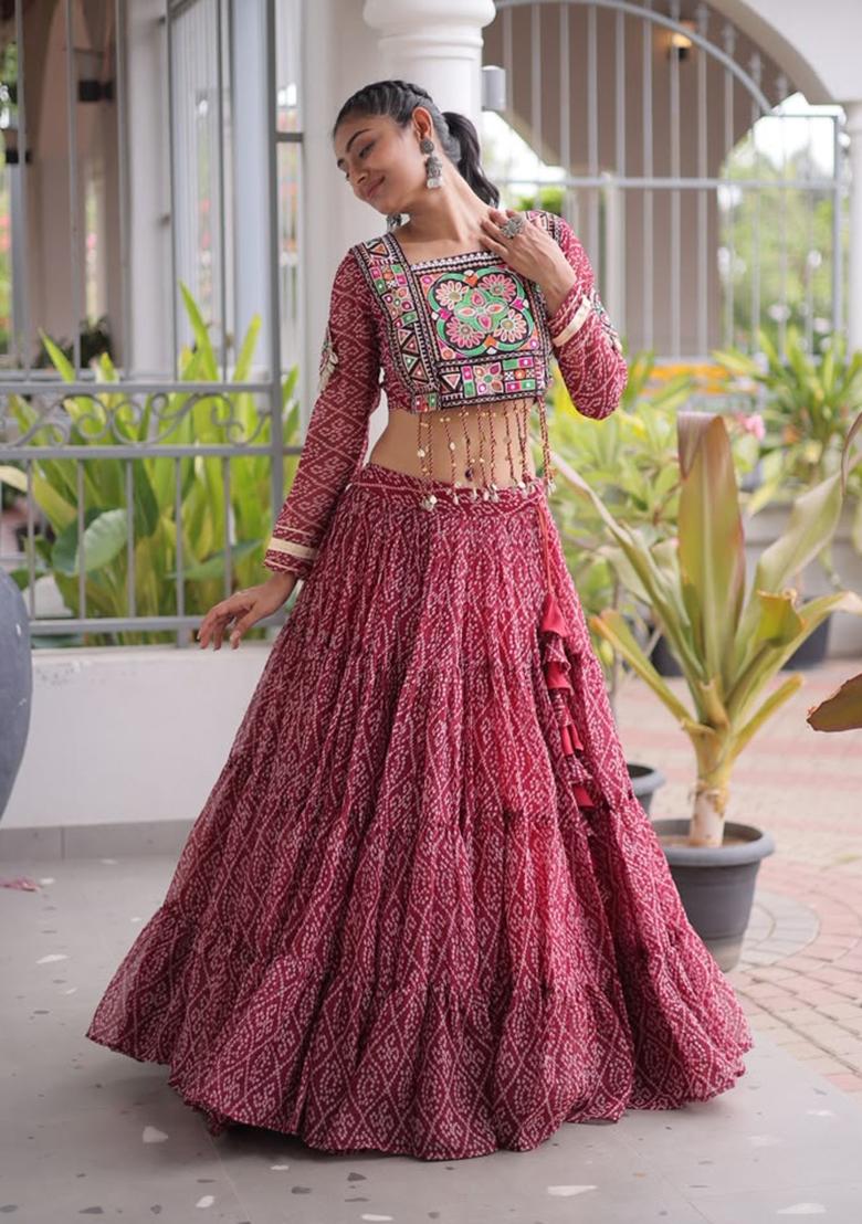 Maroon Printed Georgette Lehenga Set - Indya