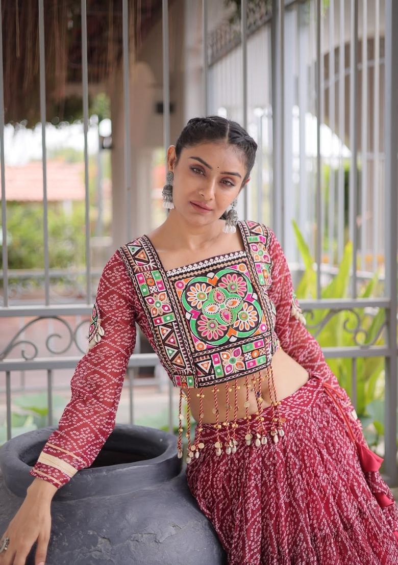 Maroon Printed Georgette Lehenga Set - Indya