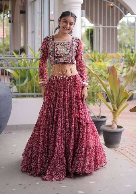 Maroon Printed Georgette Lehenga Set for Diwali and Festive Wear