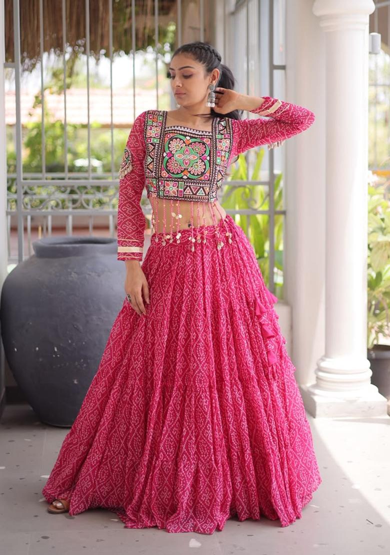 Pink Printed Georgette Lehenga Set - Indya