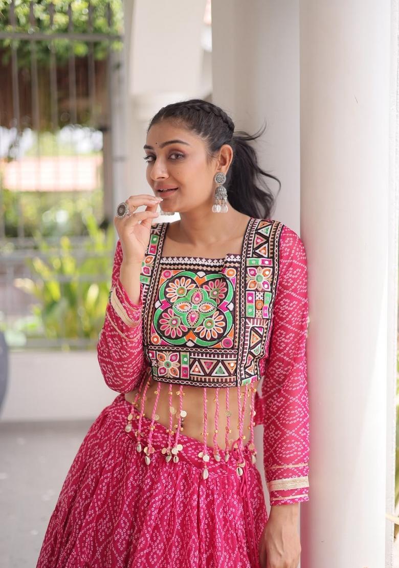 Pink Printed Georgette Lehenga Set - Indya