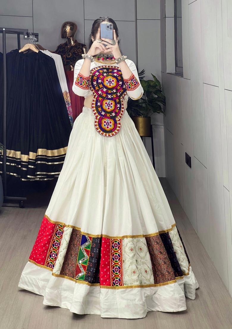 White Embroidery Cotton Lehenga Set - Indya