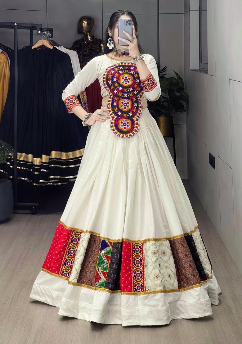 White Embroidery Cotton Lehenga Set - Indya
