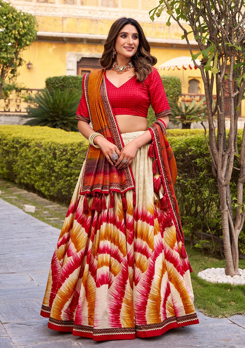 Multicolor Printed Silk Lehenga Set - Indya