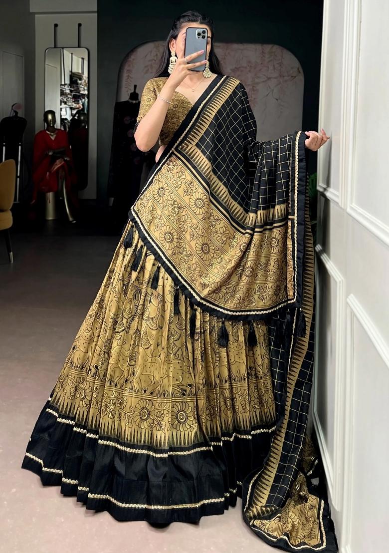 Golden Printed Silk Lehenga Set - Indya