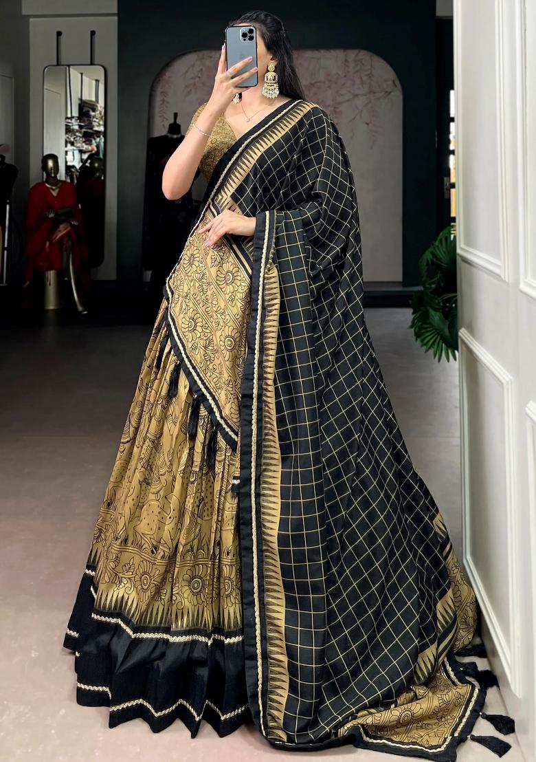 Golden Printed Silk Lehenga Set - Indya