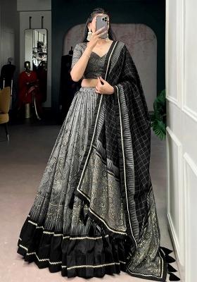 Grey Printed Silk Lehenga Set