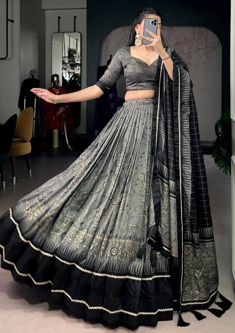 Grey Printed Silk Lehenga Set - Indya