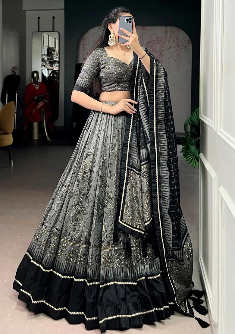 Grey Printed Silk Lehenga Set - Indya