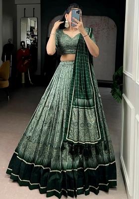 Green Printed Silk Lehenga Set