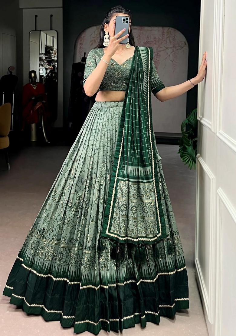 Green Printed Silk Lehenga Set - Indya